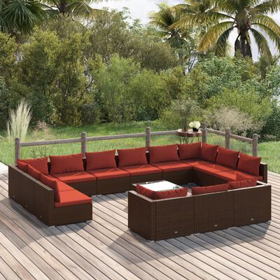 vidaXL Set Divani da Giardino 14 pz con Cuscini in Polyrattan Marrone