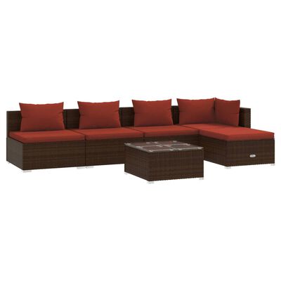 vidaXL Set Divani da Giardino 6 pz con Cuscini in Polyrattan Marrone