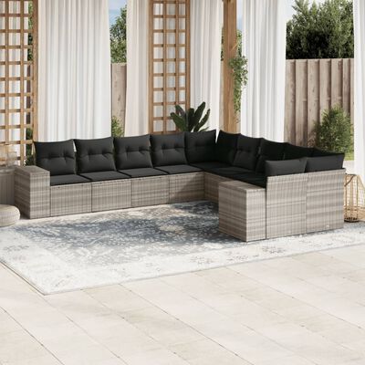 vidaXL Set Divano Giardino 10 pz con Cuscini Grigio Chiaro Polyrattan