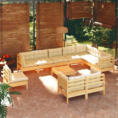 vidaXL Set Divani da Giardino 11 pz con Cuscini Crema in Massello di Pino