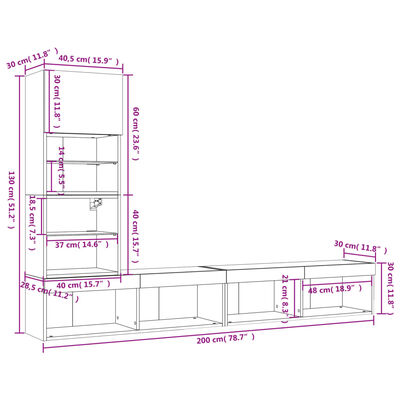vidaXL Mobili TV a Muro con LED 4pz Rovere Sonoma Legno Multistrato