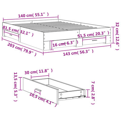 vidaXL Giroletto Cassetti Rovere Sonoma 140x200 cm Legno Multistrato