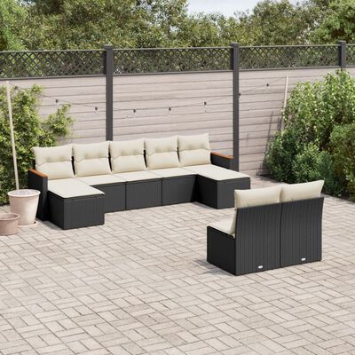 vidaXL Set Divani da Giardino 9 pz con Cuscini Nero in Polyrattan