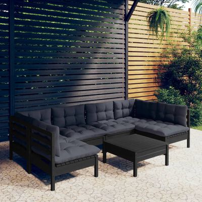 vidaXL Set Divani da Giardino 7 pz con Cuscini Neri in Legno di Pino