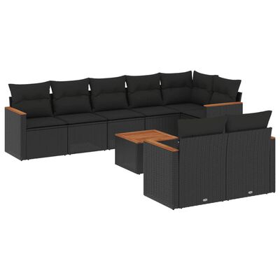 vidaXL Set Divani da Giardino 9 pz con Cuscini Nero in Polyrattan