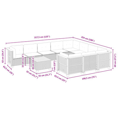 vidaXL Set Divani da Giardino 11 pz con Cuscini in Polyrattan Grigio