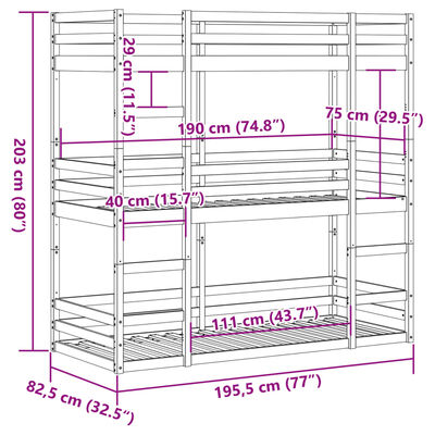 vidaXL Letto Castello Triplo Marrone Cera 75x190cm Legno Massello Pino