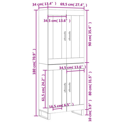 vidaXL Credenza Grigio Cemento 69,5x34x180 cm in Legno Multistrato