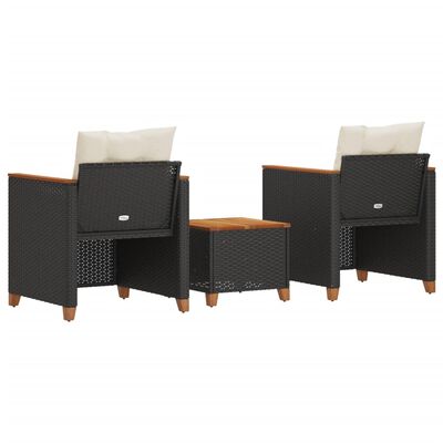 vidaXL Set da Bistrò 3 pz con Cuscini Nero Polyrattan e Legno Acacia