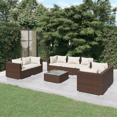 vidaXL Set Divani da Giardino 8 pz con Cuscini in Polyrattan Marrone