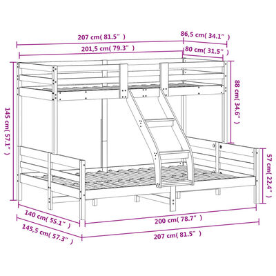 vidaXL Letto a Castello 80x200/140x200cm Bianco Legno Massello di Pino