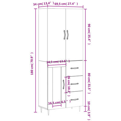 vidaXL Credenza Bianca 69,5x34x180 cm in Legno Multistrato