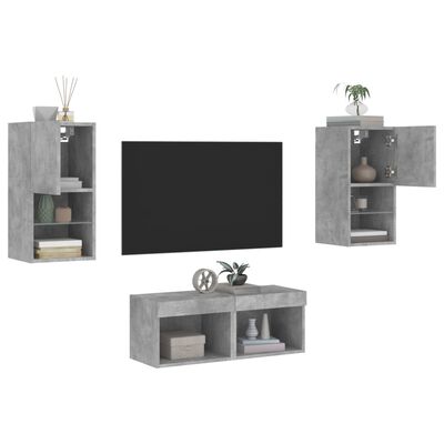 vidaXL Mobili TV a Muro 4pz con Luci LED Grigio Cemento