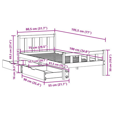 vidaXL Letto senza Materasso 75x190 cm in Legno Massello Pino