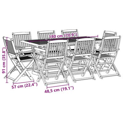 vidaXL Set da Pranzo da Giardino 9pz 180x90x75cm Legno Massello Acacia