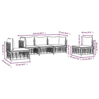 vidaXL Set Divani da Giardino 5 pz con Cuscini Antracite in Polyrattan