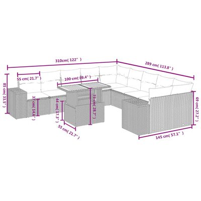 vidaXL Set Divani da Giardino 11 pz con Cuscini in Polyrattan Grigio