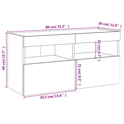 vidaXL Mobile TV a Parete con Luci LED Grigio Cemento 80x30x40 cm