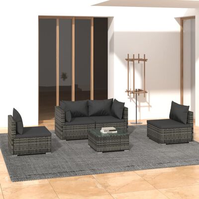 vidaXL Set Divani da Giardino 5 pz con Cuscini in Polyrattan Grigio