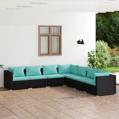 vidaXL Set Divani da Giardino 7 pz con Cuscini in Polyrattan Nero