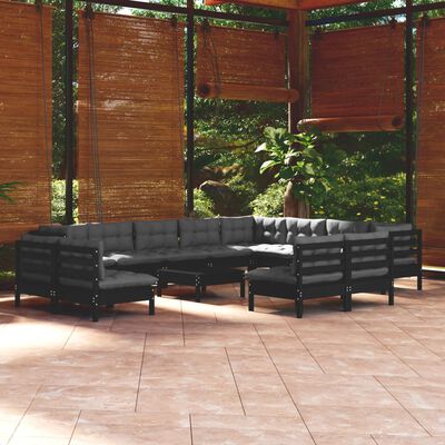 vidaXL Set Divani da Giardino 13 pz con Cuscini Neri Legno di Pino