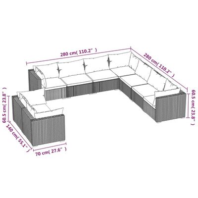 vidaXL Set Divani da Giardino 9 pz con Cuscini in Polyrattan Marrone