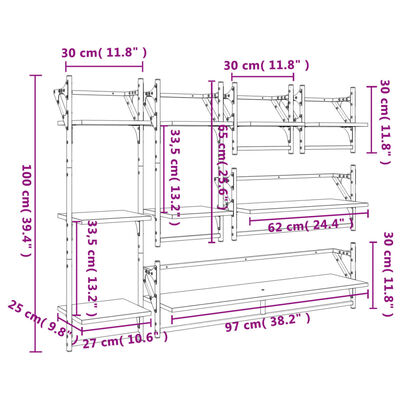 vidaXL Set Mensole da Parete con Aste 6pz Nero in Legno Multistrato