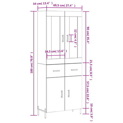 vidaXL Credenza Bianca 69,5x34x180 cm in Legno Multistrato