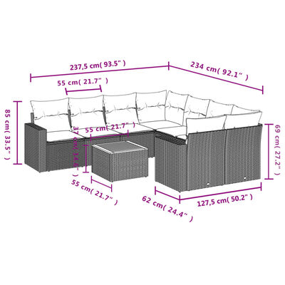 vidaXL Set Divano da Giardino 9 pz con Cuscini Grigio in Polyrattan