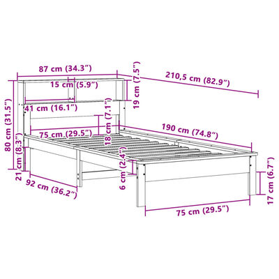 vidaXL Letto con Libreria senza Materasso 75x190 cm in Legno Pino