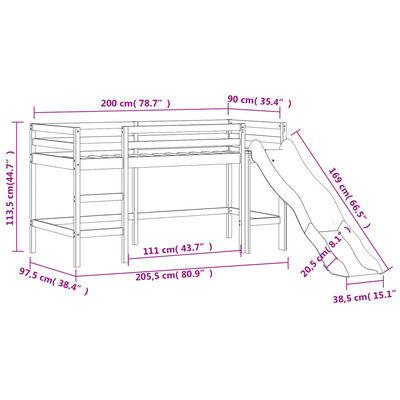 vidaXL Letto a Soppalco con Torre Bambini Blu 90x200cm Massello Pino