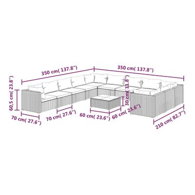 vidaXL Set Divani da Giardino 12 pz con Cuscini in Polyrattan Marrone