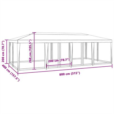 vidaXL Tenda per Feste con 12 Pareti Laterali in Rete Bianco 8x4m HDPE