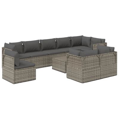 vidaXL Set Divani da Giardino 10 pz con Cuscini in Polyrattan Grigio