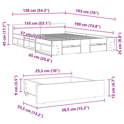 vidaXL Giroletto con Cassetti Nero 135x190 cm in Legno Multistrato