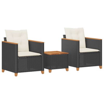 vidaXL Set da Bistrò 3 pz con Cuscini Nero Polyrattan e Legno Acacia