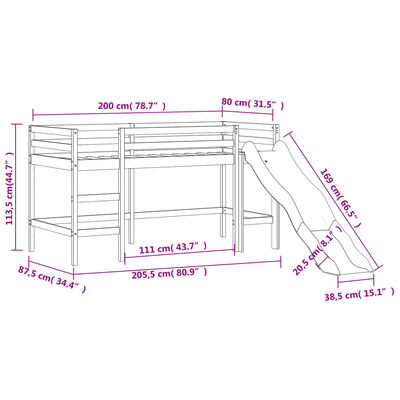 vidaXL Letto a Soppalco con Torre Bambini Rosa 80x200cm Massello Pino