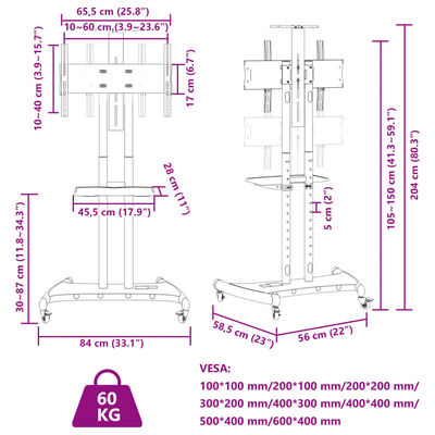 vidaXL Supporto TV con Ruote Schermo 32"-70" Max VESA 600x400 mm 60kg