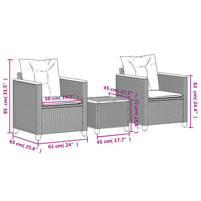 vidaXL Set da Bistrò 3 pz con Cuscini Nero Polyrattan e Legno Acacia