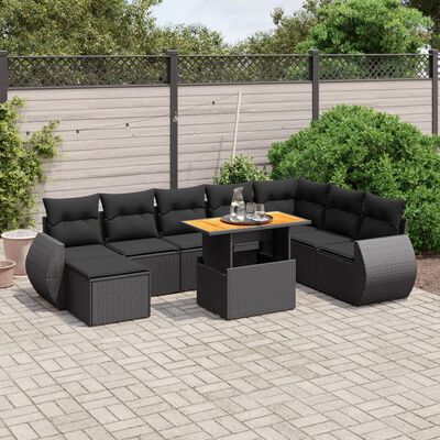 vidaXL Set Divani da Giardino 9 pz con Cuscini Nero in Polyrattan