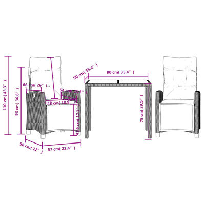 vidaXL Set da Pranzo da Giardino 3 pz con Cuscini Nero in Polyrattan