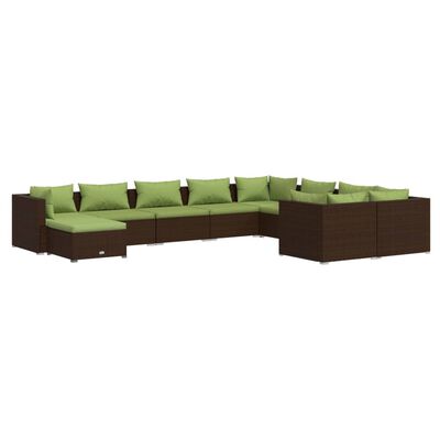 vidaXL Set Divani da Giardino 10 pz con Cuscini in Polyrattan Marrone