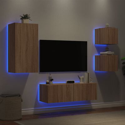 vidaXL Mobili TV a Muro 4pz con Luci LED Rovere Sonoma