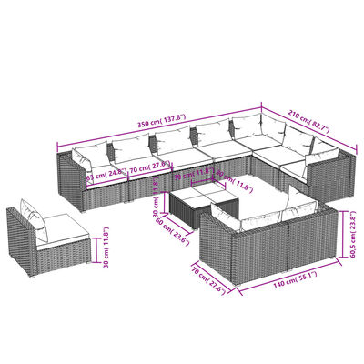 vidaXL Set Divani da Giardino 11 pz con Cuscini in Polyrattan Grigio