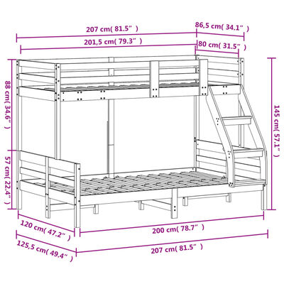 vidaXL Letto a Castello 80x200/120x200cm Bianco Legno Massello di Pino