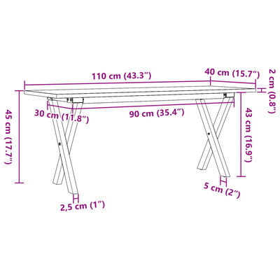 vidaXL Tavolino Salotto Telaio a X 110x40x45cm Massello Pino e Ghisa