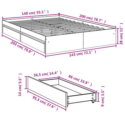 vidaXL Giroletto con Cassetti Rovere Fumo 140x200 cm Legno Multistrato