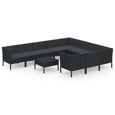 vidaXL Set Divani da Giardino 11 pz con Cuscini in Polyrattan Nero