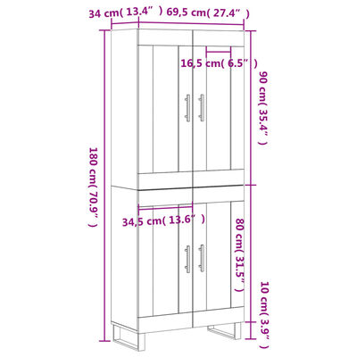 vidaXL Credenza Nera 69,5x34x180 cm in Legno Multistrato