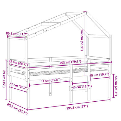 vidaXL Letto a Soppalco con Tetto Cera 75x190cm Legno Massello di Pino